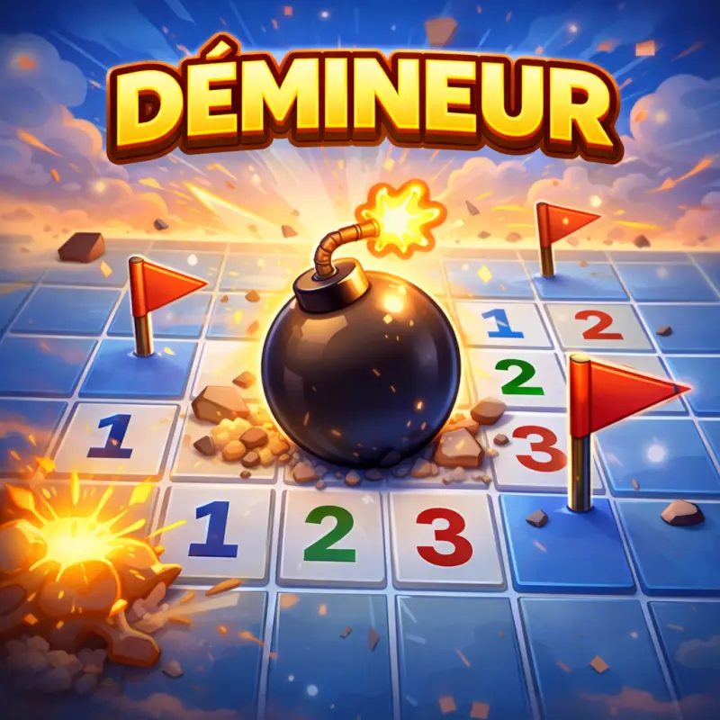 Démineur en ligne : grille de cases avec chiffres, drapeaux et mines