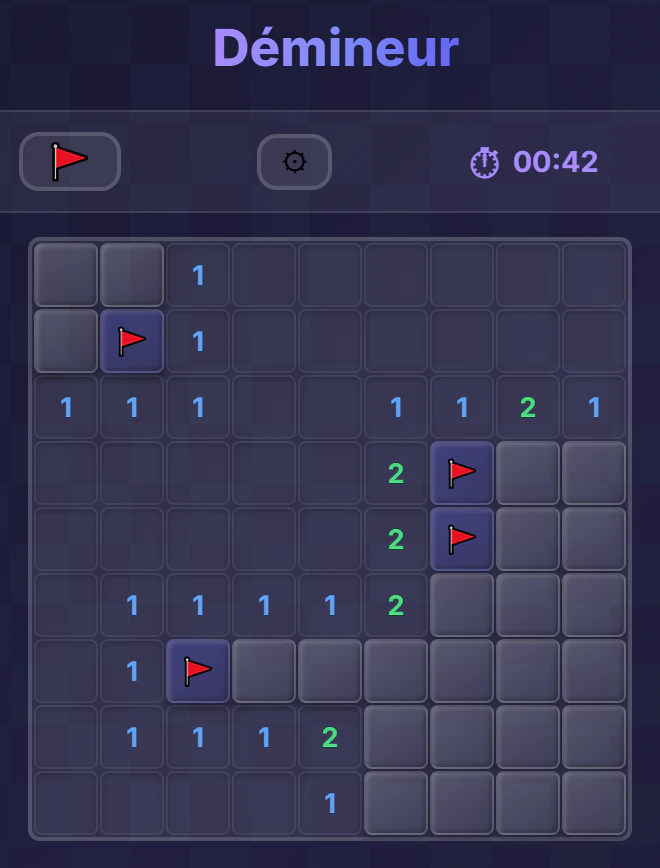 Partie de démineur en cours sur une grille 9×9 : grande cascade de cases révélées avec chiffres bleus et verts, deux drapeaux posés sur des cases suspectées d'être minées et timer en haut